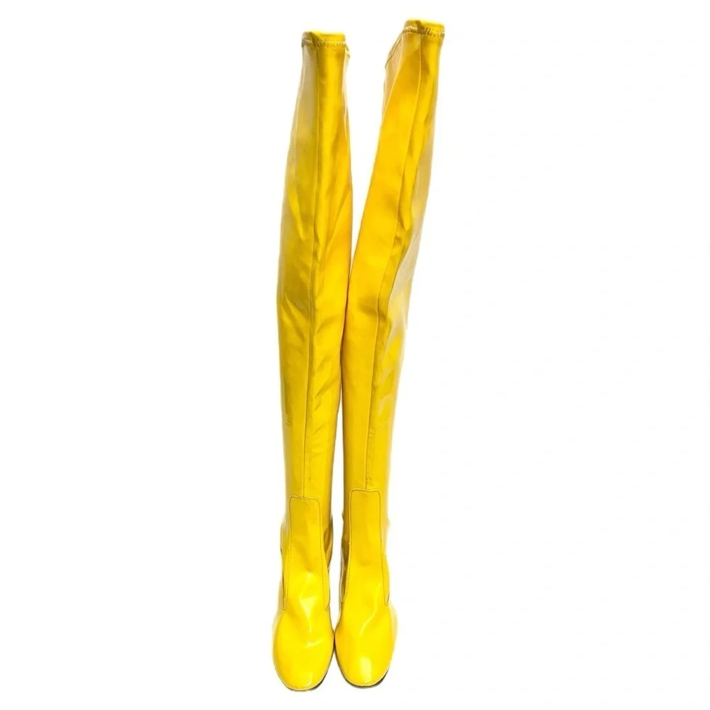Vintage 1960s deadstock banana yellow vinyl over the knee pull on gogo boots